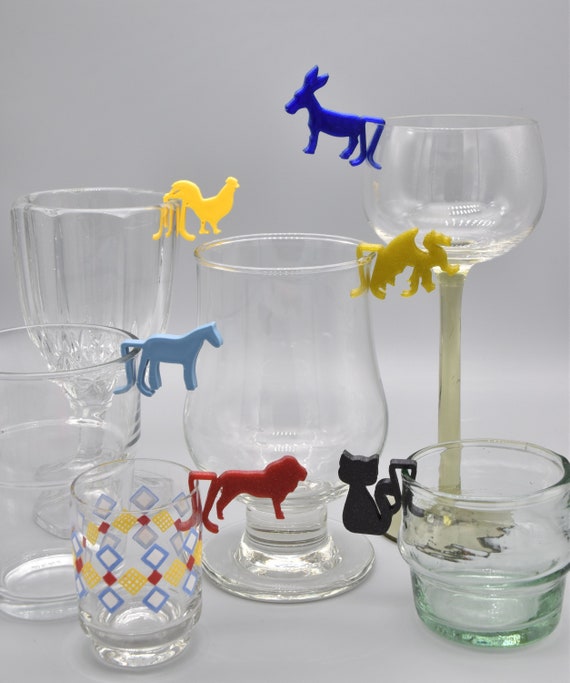 6 Glass Markers With Animal Motifs Free Choice of 50 Animals and 14 Colors  glass Clips / Glass Markers / Tumbler Tags 