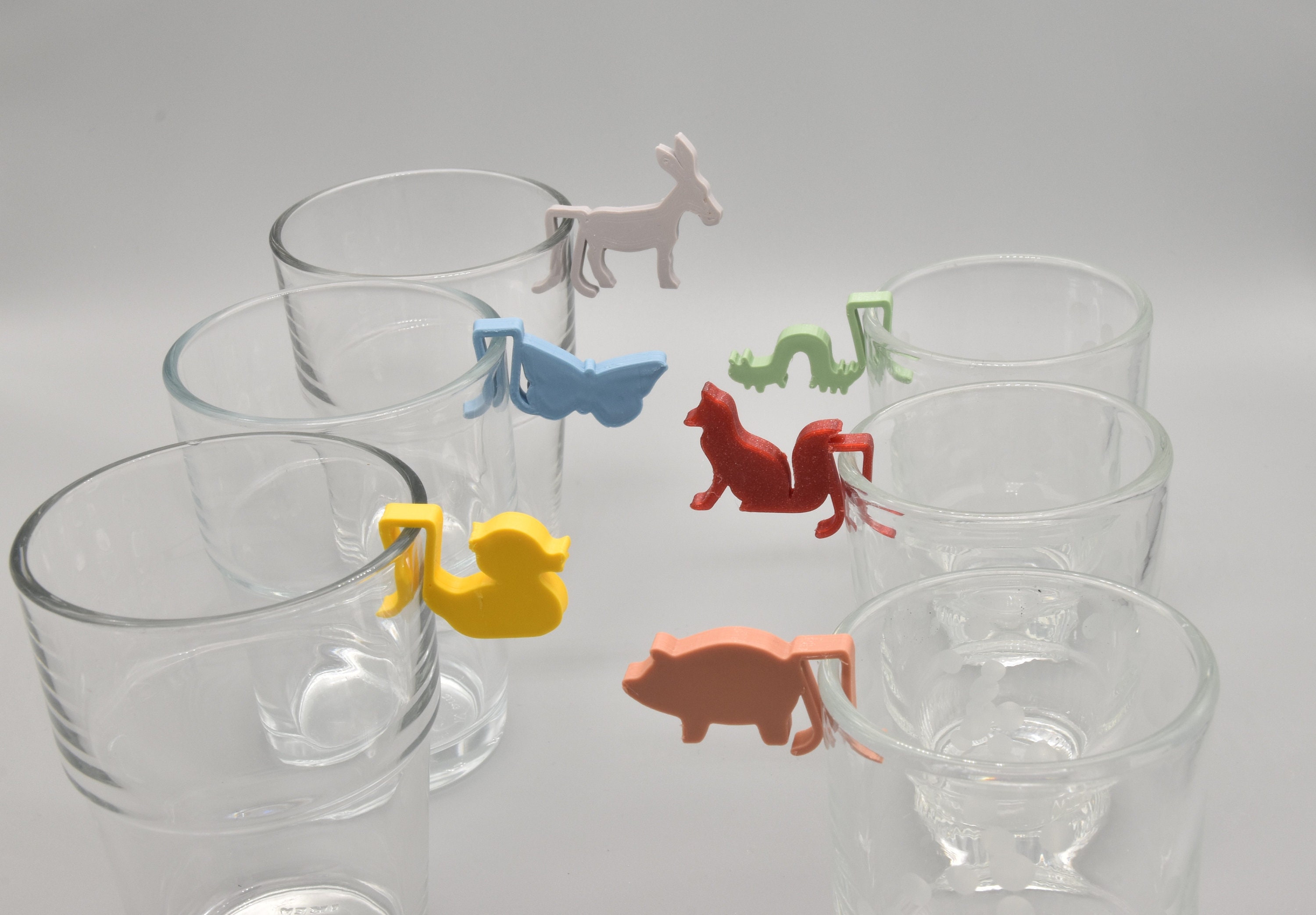 6 Glass Markers With Animal Motifs Free Choice of 50 Animals and 14 Colors  glass Clips / Glass Markers / Tumbler Tags 