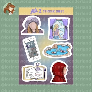 Peut inclure: Une planche d'autocollants avec diverses illustrations. On y trouve des images d'une femme avec un chapeau de fourrure, d'une femme regardant par une fenêtre, d'un smartphone, d'une piscine avec un flotteur flamant rose, d'un journal et d'une femme au capuchon rouge. Le texte "Hella 2 Sticker Sheet" est visible.