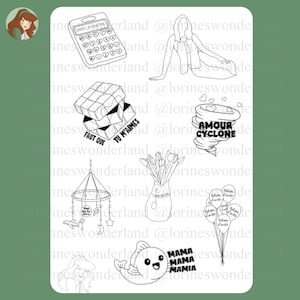 Può includere: Una collezione di illustrazioni in bianco e nero. Include una calcolatrice, una donna, un cubo di Rubik con testo francese, un tornado con testo francese, una giostrina per bambini, un vaso di fiori, un pesce con testo spagnolo e palloncini con testo francese.
