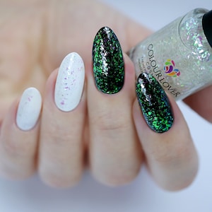 Frosty glow multichrome flakie topper plant based 10-free sustainable vegan cruelty-free handmade nail polish