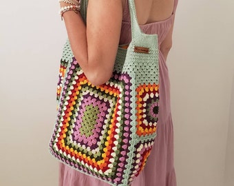 Bolso de hombro Colorfull Crochet Beach Granny Square en estilo retro