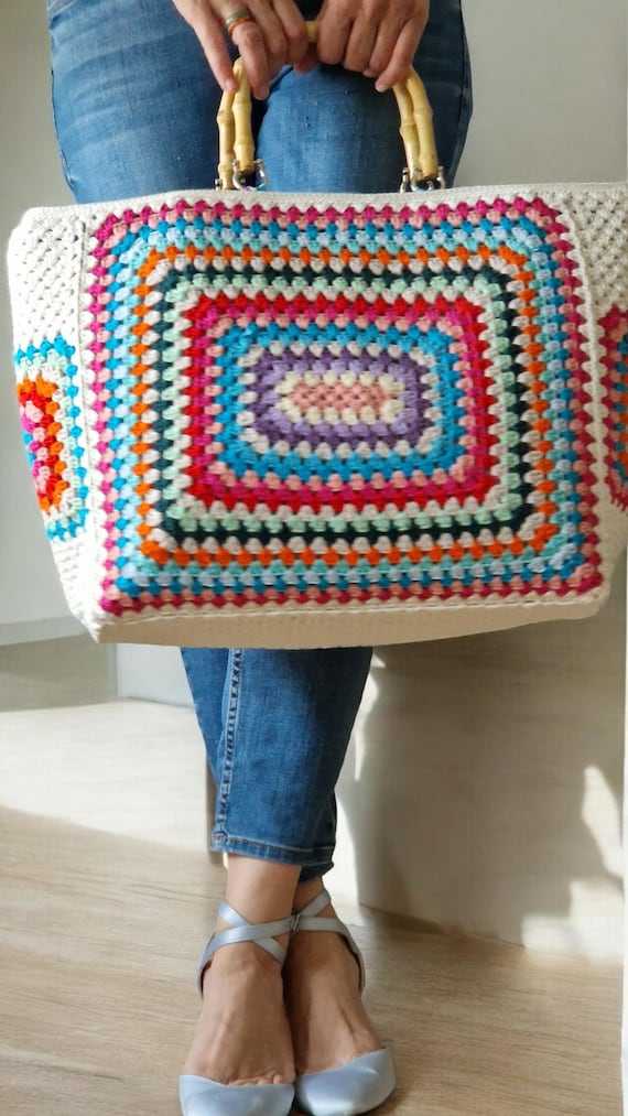 Granny Square Crochet Bag, Crochet Tote Bag in Vintage Style
