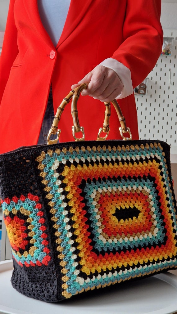 Granny Square Crochet Bag, Crochet Tote Bag in Vintage Style