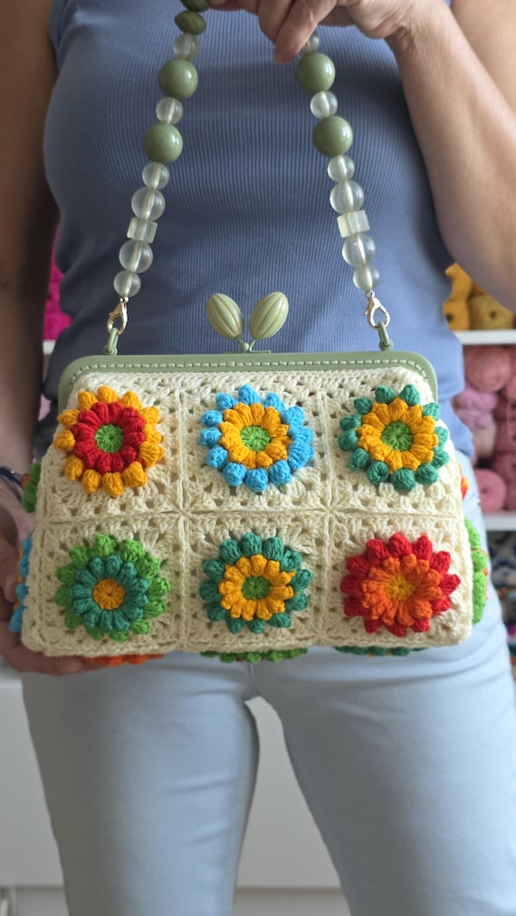 Vintage Blossom Crochet Handbag – Handmade Purse 32 X 21 Cm Retro