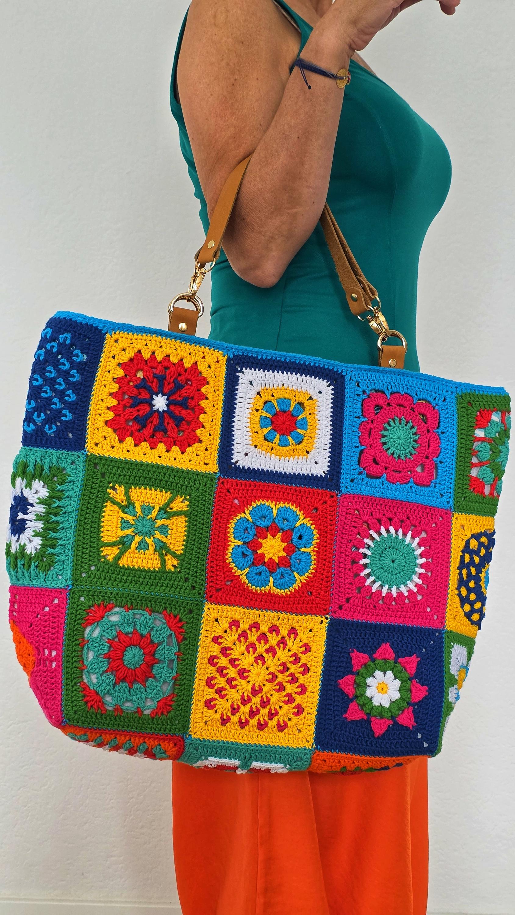 Patchwork Dreams Colorful Tote ,crochet Tote Bag in Vintage Style