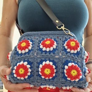 Colorful Granny Square Crochet Clasp Clutch and Crossbody bag, 2 in 1 bag,All Day Toiletry Pouch in Boho Style