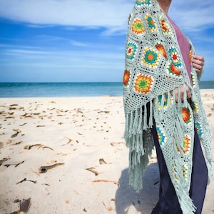 Granny Square handmade crochet triangle shawl with multicolor motifs on mint base