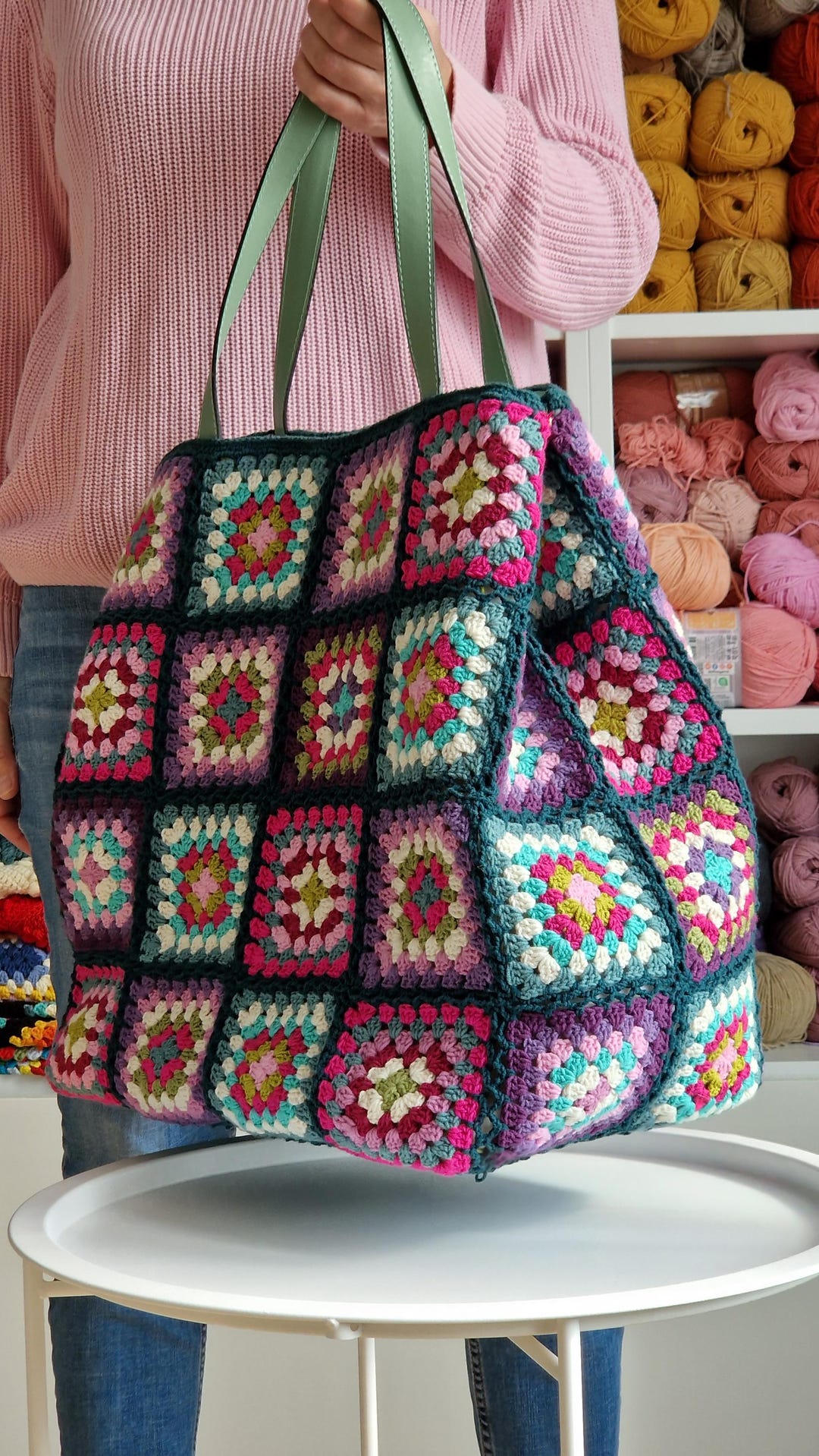 Granny Square Crochet Tote Bag With Foldable Sides & Faux Leather