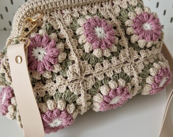 Colorido bolso de mano y bandolera con cierre de ganchillo Granny Square, bolso 2 en 1, bolsa de artículos de tocador para todo el día en estilo boho