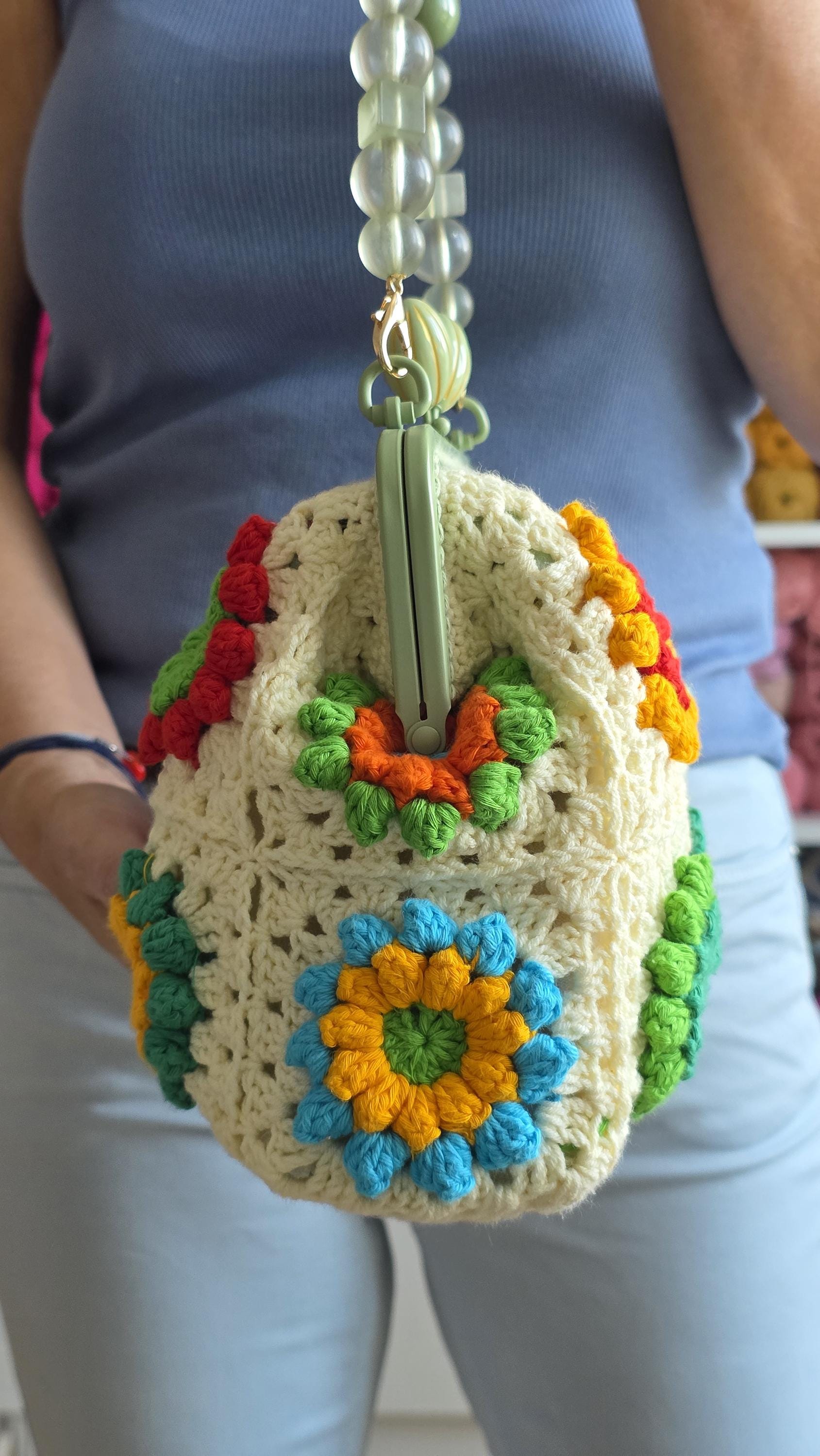 Vintage Blossom Crochet Handbag – Handmade Purse 32 X 21 Cm Retro