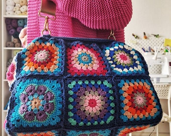 Colorful Granny Square Crochet Clasp Clutch and Crossbody bag, 2 in 1 bag,All Day Toiletry Pouch in Boho Style
