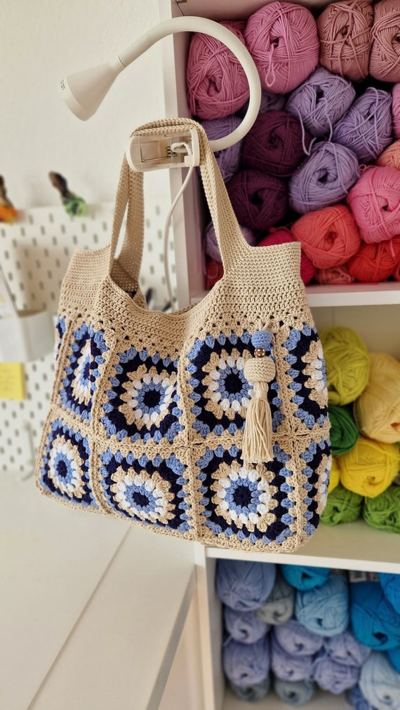 Beige and Colorfull Crochet Beach Granny Square Shoulder Bag in