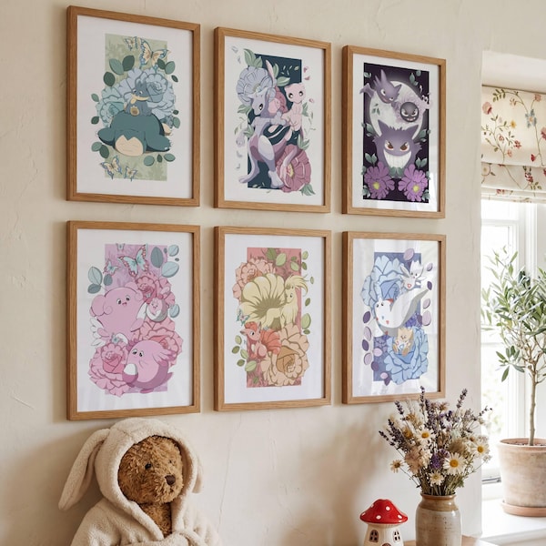 Pokemon Inspired Evolutions Set of 6, Floral Wall Art, Nursery Printable Decor (Digital Download)