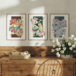 Set von 3 Johto Starter Evolutionen - Anime inspiriert - Floral Fantasy Wandkunst - Kinderzimmer druckbare Dekor - sofortiger digitaler Download