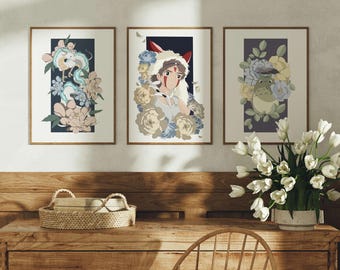 Zestaw 3 inspirowanych Studio Ghibli kwiatowych dekoracji ściennych do pokoju dziecięcego do druku (do pobrania w wersji cyfrowej)
