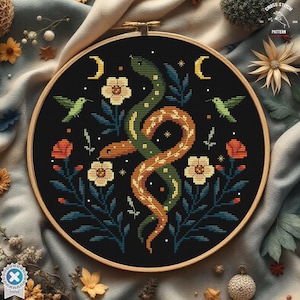 Snake cross stitch Witchy reptile embroidery Goth cross stitch Satanic cross stitch Hummingbird Serpent Occult cross stitch Moon embroidery