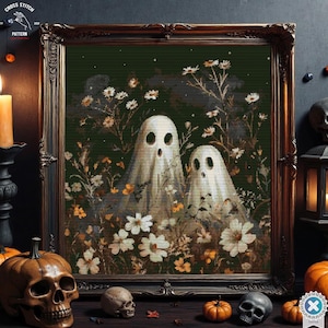 Halloween cross stitch pattern Spooky cross stitch Creepy cute Ghost cross stitch floral garden xstitch Scary embroidery fall witchy decor