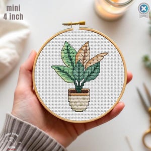 Mini planta patrón de punto de cruz, pequeñas plantas en macetas, punto de cruz, bordado de monstera, plantas de interior, cactus kawaii, planta de interior, aro de 4 pulgadas
