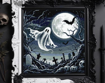 May include: A cross stitch pattern featuring a spooky Halloween scene with a white ghost flying in front of a full moon, bats, and a graveyard. The pattern is framed in a black and white ornate frame.
