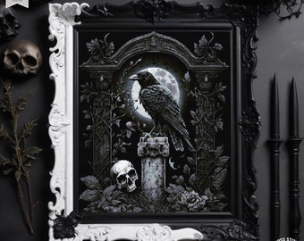 Gothic Raven Cross Stitch Pattern Skull cross stitch Creepy Bat cross stitch Spooky Halloween embroidery Horror Crow cross stitch Full moon