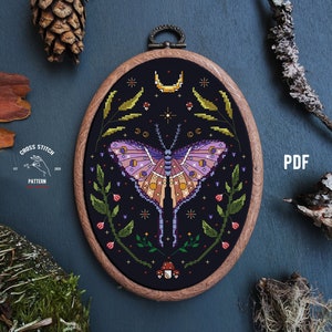 Moth cross stitch pattern Insect embroidery Mushroom cross stitch Gothic cross stitch Witchy cross stitch Cottagecore embroidery Moon Phase