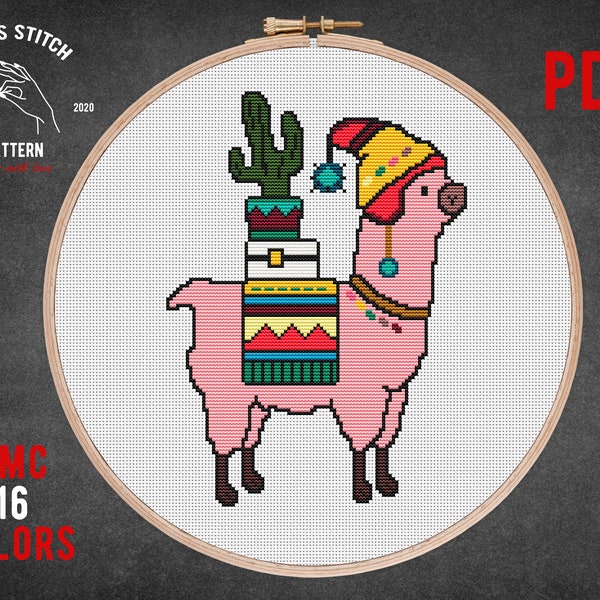 Llama con patrón de punto de cruz de cactus, Punto de cruz de animales lindos y divertidos, Diseño de bordado PDF Descarga instantánea