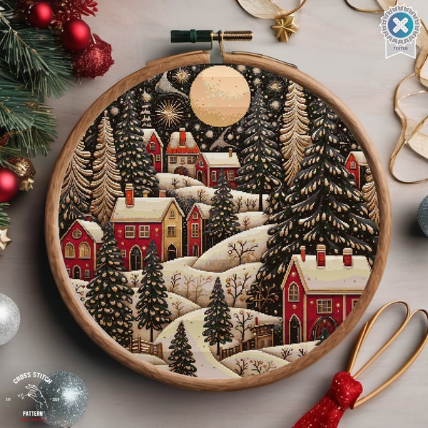Christmas cross stitch pattern Winter Village embroidery Advent calendar embroidery Christmas tree ornament Christmas village Holiday decor