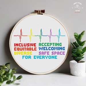 Peut inclure: Modèle de point de croix avec un rythme cardiaque arc-en-ciel et les mots "Inclusif, Equitable, Diversifié, Acceptant, Accueillant, Espace sûr, Pour tous".
