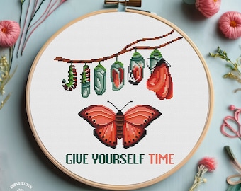Patrón de punto de cruz feminista Date tiempo citas bordado Vulgar xstitch diseño Mariposa Сaterpillar punto de cruz Tema femenino