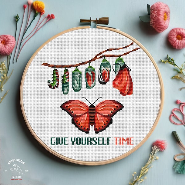 Feminist cross stitch pattern Give yourself time quotes embroidery Vulgar xstitch design Butterfly Сaterpillar cross stitch Female theme
