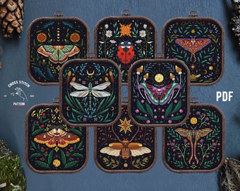Moth cross stitch pattern Insect cross stitch Witchy embroidery Floral Bee embroidery Gothic cross stitch Cottagecore flower Moon Phase pdf