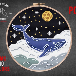 Blue Whale cross stitch pattern Modern embroidery Space galaxy theme Moon cross stitch Fish xstitch Kids room wall decor