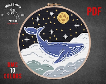 Blue Whale cross stitch pattern Modern embroidery Space galaxy theme Moon cross stitch Fish xstitch Kids room wall decor