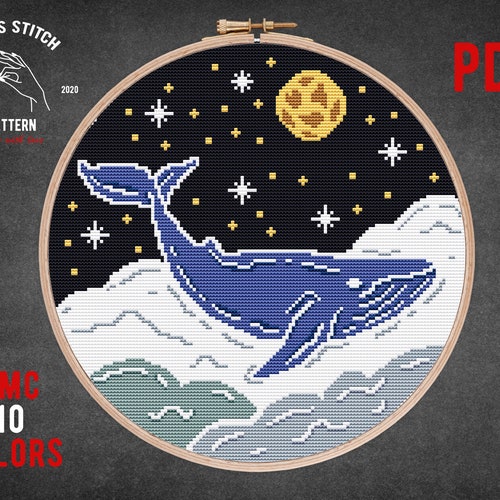 Blue Whale Cross Stitch Pattern Modern Embroidery Space Galaxy | Etsy