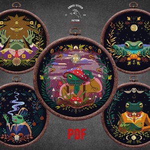 Frog cross stitch pattern Witchy cross stitch Mushroom cross stitch Goblincore embroidery Gothic embroidery Insect stitch Moth cross stitch