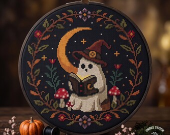 Ghost Cross Stitch Pattern: Cottagecore Halloween Witch Hat Moon Design (PDF Pattern)