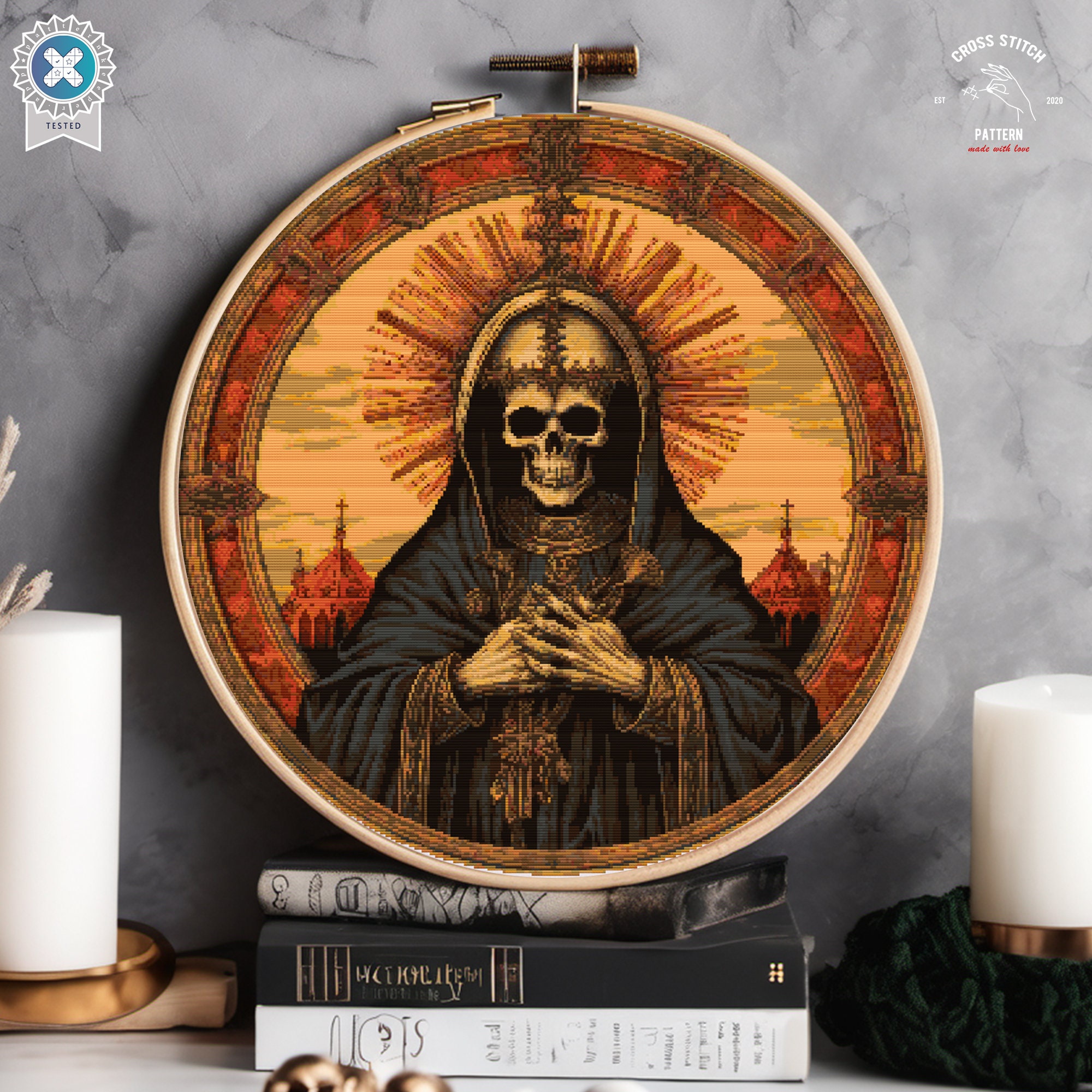 Skull Monk Cross Stitch Pattern Skeleton Medieval Gothic Embroidery ...