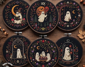 Ghost Cross Stitch: Cottagecore Halloween Witchy Floral Pattern Set (PDF Pattern)