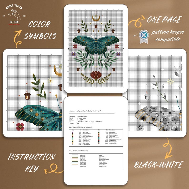 May include: A cross-stitch pattern design featuring a teal butterfly with floral and celestial elements. The design includes colour symbols, an instruction key, and a black-and-white version. The pattern is one page and pattern keeper compatible.