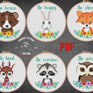 Baby Animals Cross Stitch Pattern Set of 6 Woodland animals cross stitch Nursery wall decor Forest dwellers Kids embroidery Baby Shower gift