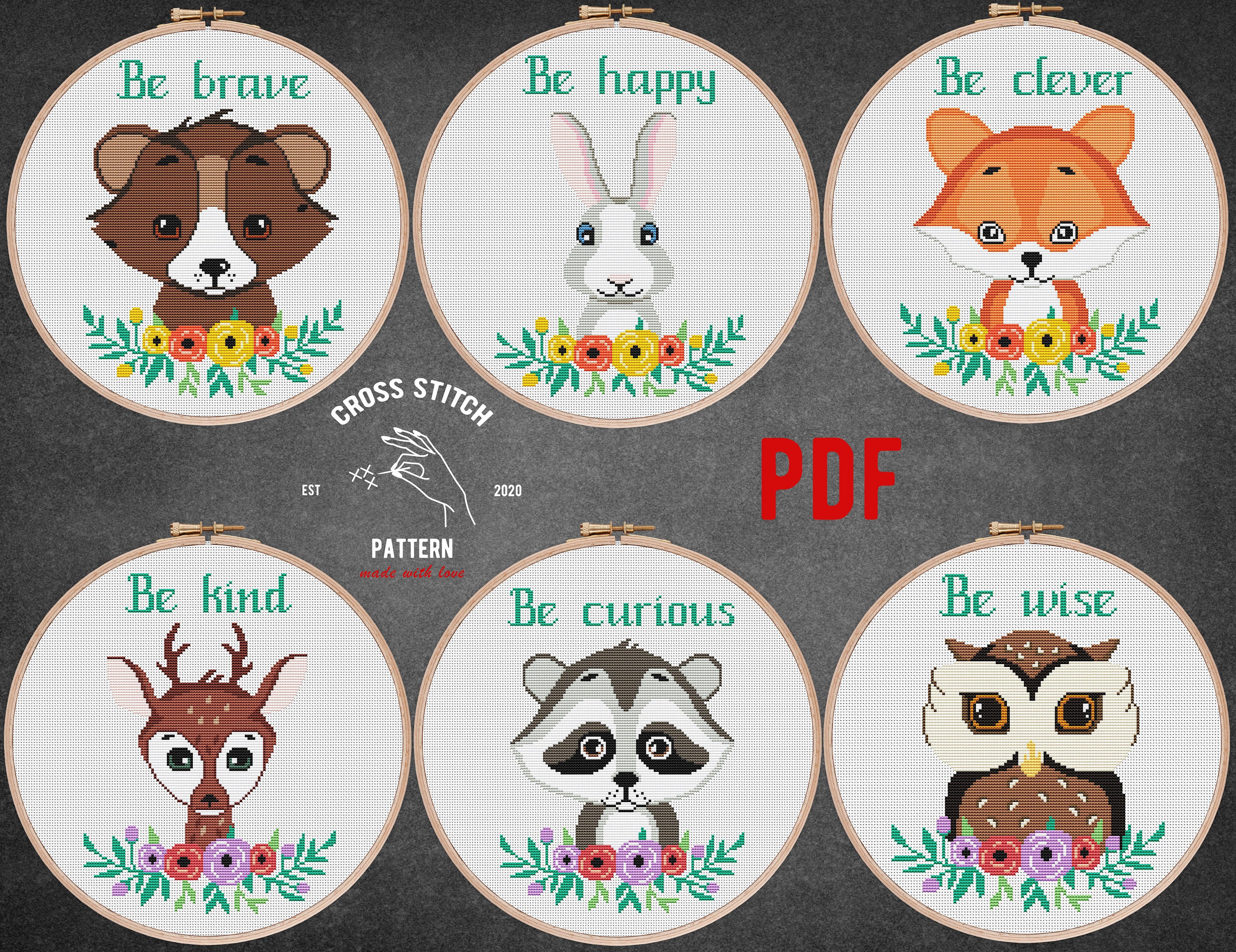Bebê animais ponto cruz padrão conjunto de 6 animais da floresta ponto cruz decoração da parede do berçário moradores da floresta crianças bordado presente do chuveiro do bebê