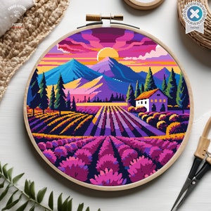 Berg Sonnenuntergang Kreuzstichmuster Lavendel Feld Kreuzstichmuster Natur Kreuzstich Cottage Landschaft Kreuzstich