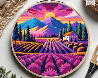 Mountain Sunset cross stitch pattern Lavender Field cross stitch Nature counted chart Cottage Landscape cross stitch Rustic cross stitch