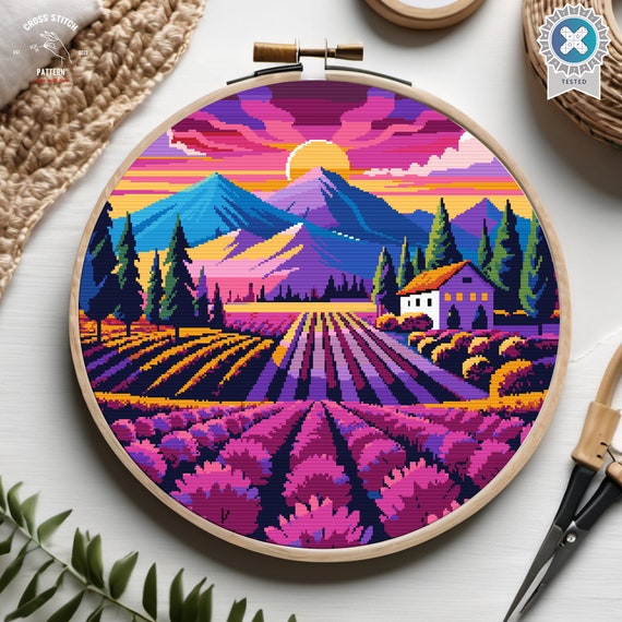 Mountain Sunset Cross Stitch Pattern Lavender Field Cross Stitch