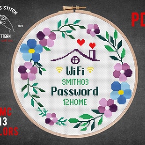 以下が含まれることがあります： 家、WiFiシンボル、そして「WiFi SMITH08 Password 12HOME」というテキストが書かれた花輪のクロスステッチパターン。このパターンは13色を使用しています。