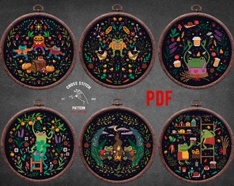 Frog cross stitch pattern Witchy cross stitch Funny Toad cross stitch Cottagecore embroidery Mushroom Moth embroidery Gothic cross stitch
