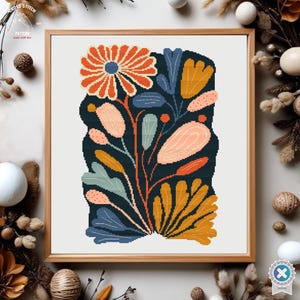 Kreuzstich Stickmuster mit Pflanzenmotiv, modernes Blumendesign, lebendige Stickerei, DIY Kit, kräftige Blumenwandkunst, bunte botanische Dekorationswandkunstkarte