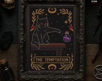 Gothic Black Cat counted Cross Stitch Pattern, Witchy Tarot Embroidery, Occult Moon Cat, Spooky Dark Cottagecore (PDF chart)