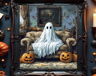Puede incluir: Un patrón de punto de cruz enmarcado representa un fantasma blanco sobre un sofá, flanqueado por calabazas talladas. La obra de arte está ambientada en una habitación con una pintura y calabazas, evocando un tema de Halloween.